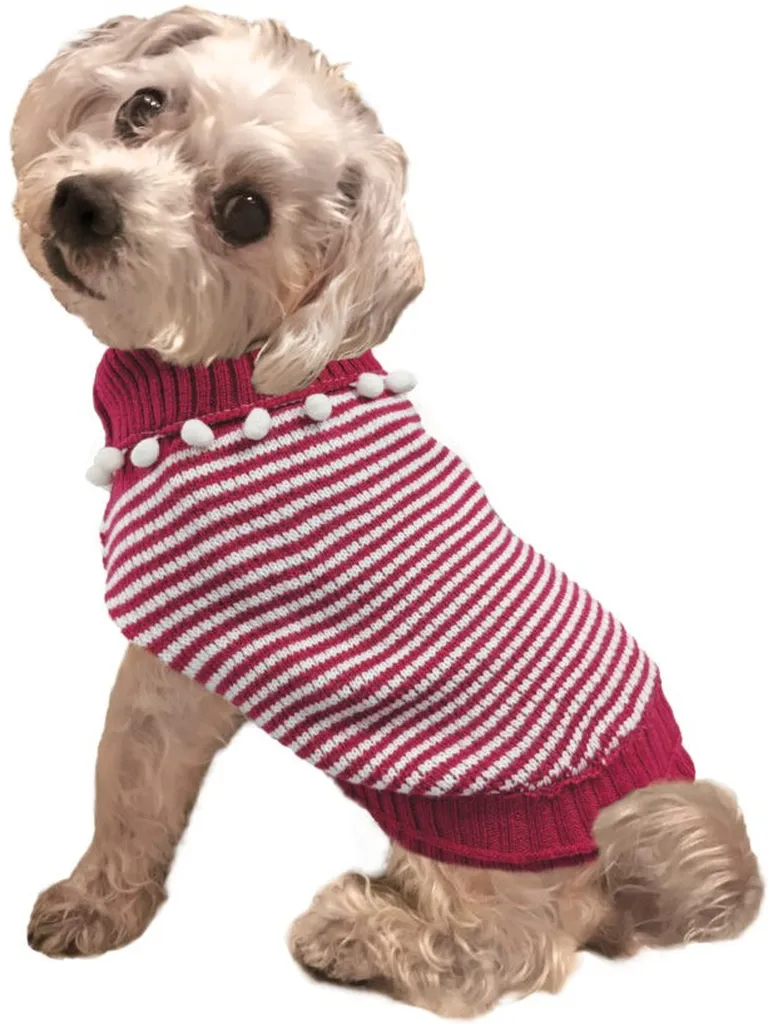 Fashion Pet Pom Pom Stripe Dog Sweater Raspberry Photo 1