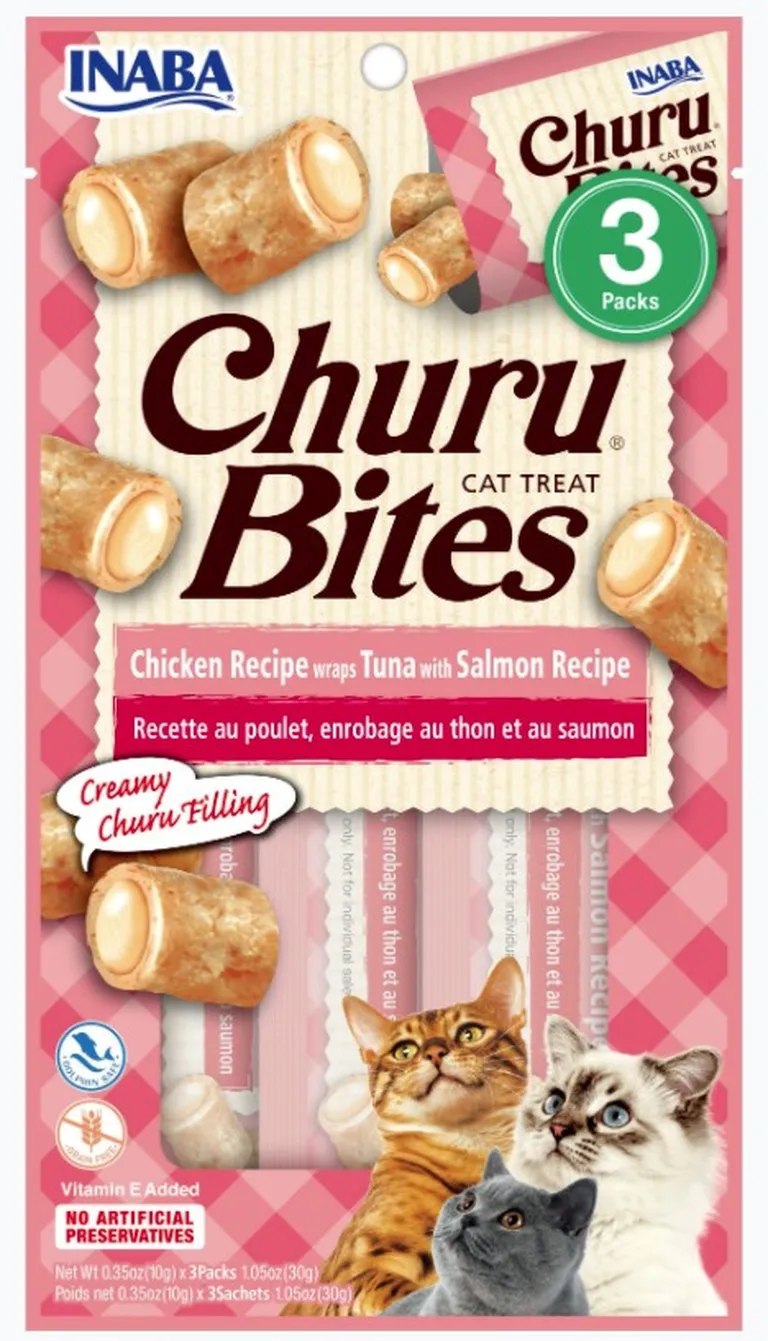 Inaba Churu Bites Cat Treat Chicken Recipe wraps Tuna with Salmon Recipe Photo 1