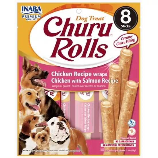 Inaba Churu Rolls Dog Treat Chicken Recipe wraps Chicken with Salmon Recipe Photo 1