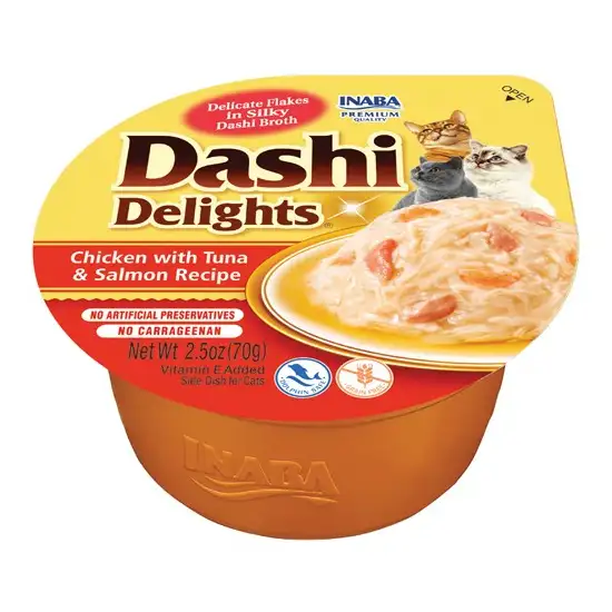 Inaba Dashi Delights Chicken with Tuna & Salmon Flavored Bits in Broth Cat Food Topping Photo 1