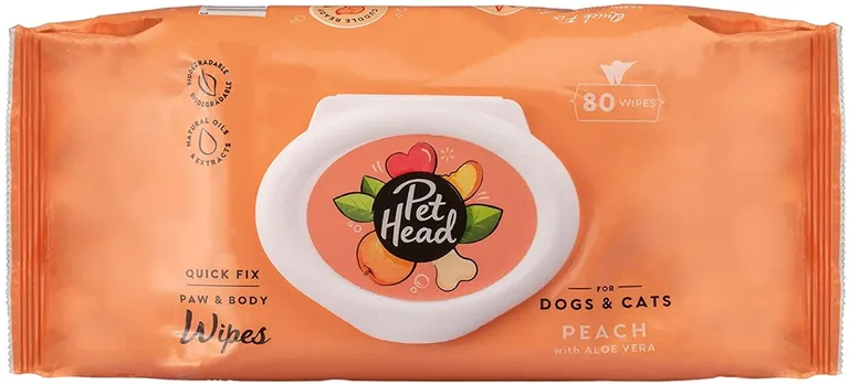 Pet Head Quick Fix Paw and Body Wipes for Dogs and Cats Peach with Aloe Vera Photo 1